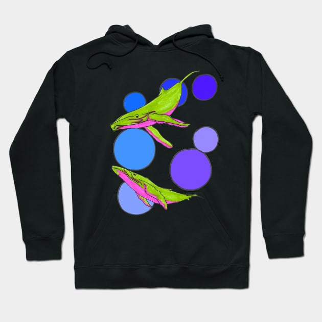 Psychedelic whales swimming in bubbles Hoodie by Joseph Baker